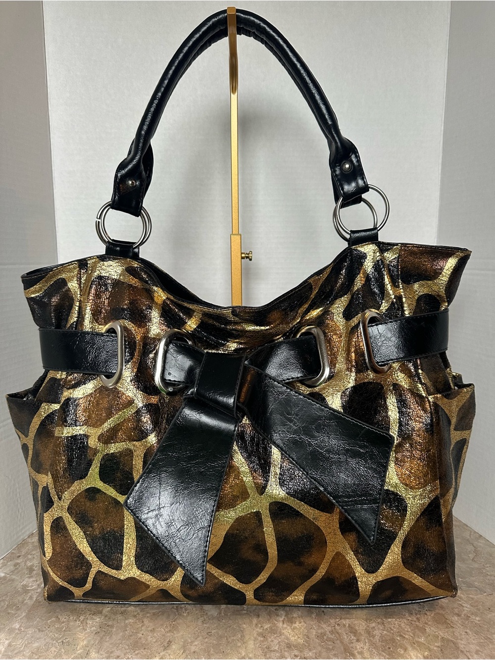Metallic Gold Giraffe Animal Print Shoulder Bag Slouchy Satchel Bow Y2K Mcbling